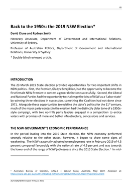 The 2019 NSW Election* David Clune and Rodney Smith Honorary Associate, Department of Government and International Relations, University of Sydney