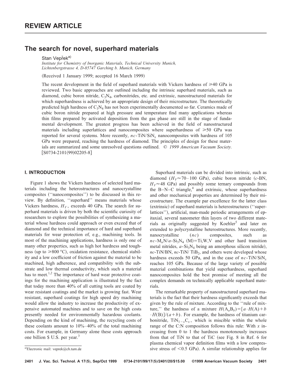 REVIEW ARTICLE the Search for Novel, Superhard Materials