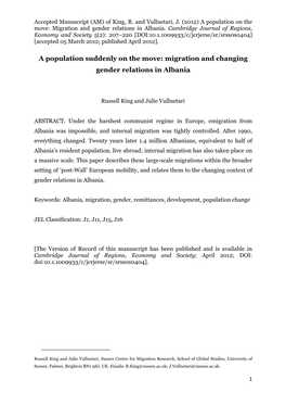 A Population Suddenly on the Move: Migration and Changing Gender Relations in Albania
