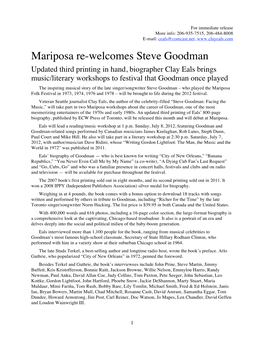 Mariposa Re-Welcomes Steve Goodman