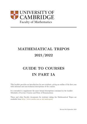 Mathematical Tripos 2020/2021 Guide to Courses in Part Ia