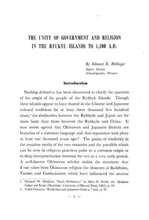 The Unity of Government and Religion in the Ryukyu Islands to 1,500 A.D