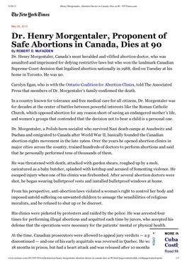 Dr. Henry Morgentaler, Proponent of Safe Abortions in Canada, Dies at 90 by ROBERT D