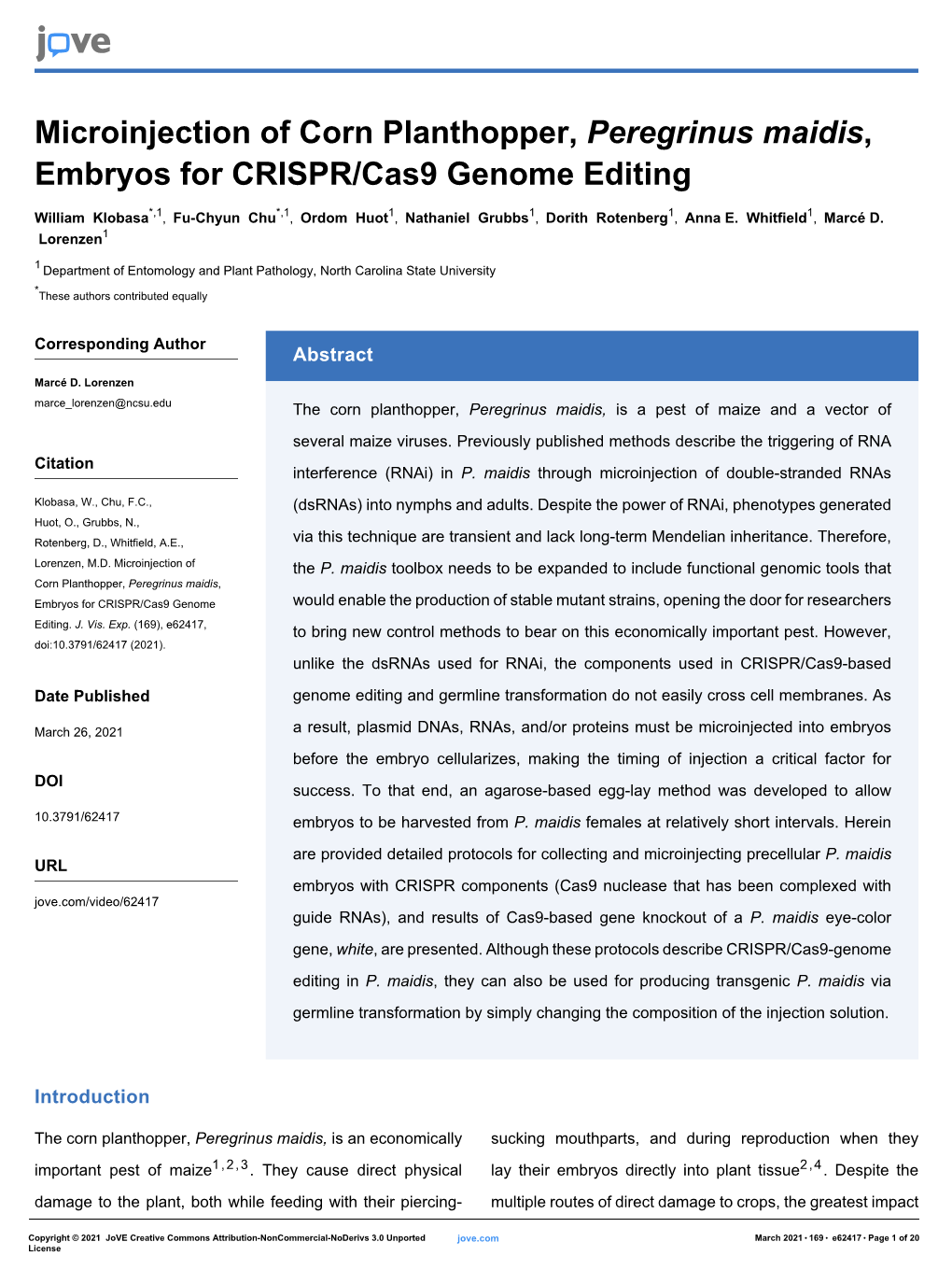 Microinjection of Corn Planthopper, Peregrinus Maidis, Embryos for CRISPR/Cas9 Genome Editing