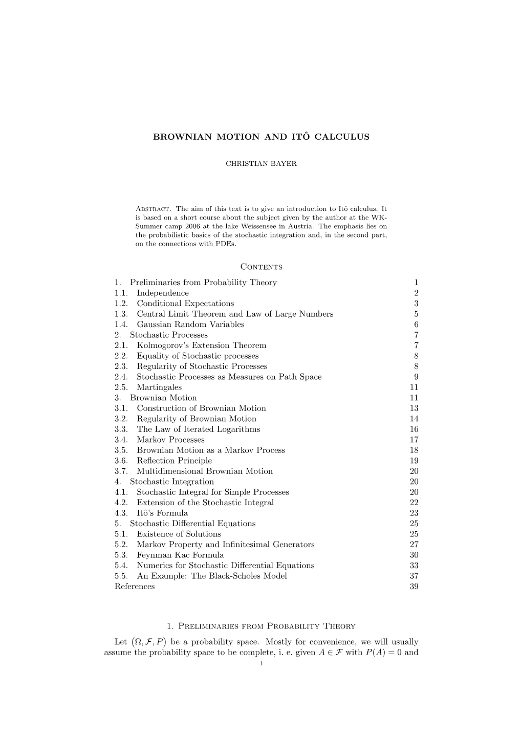 Brownian Motion and Itˆo Calculus