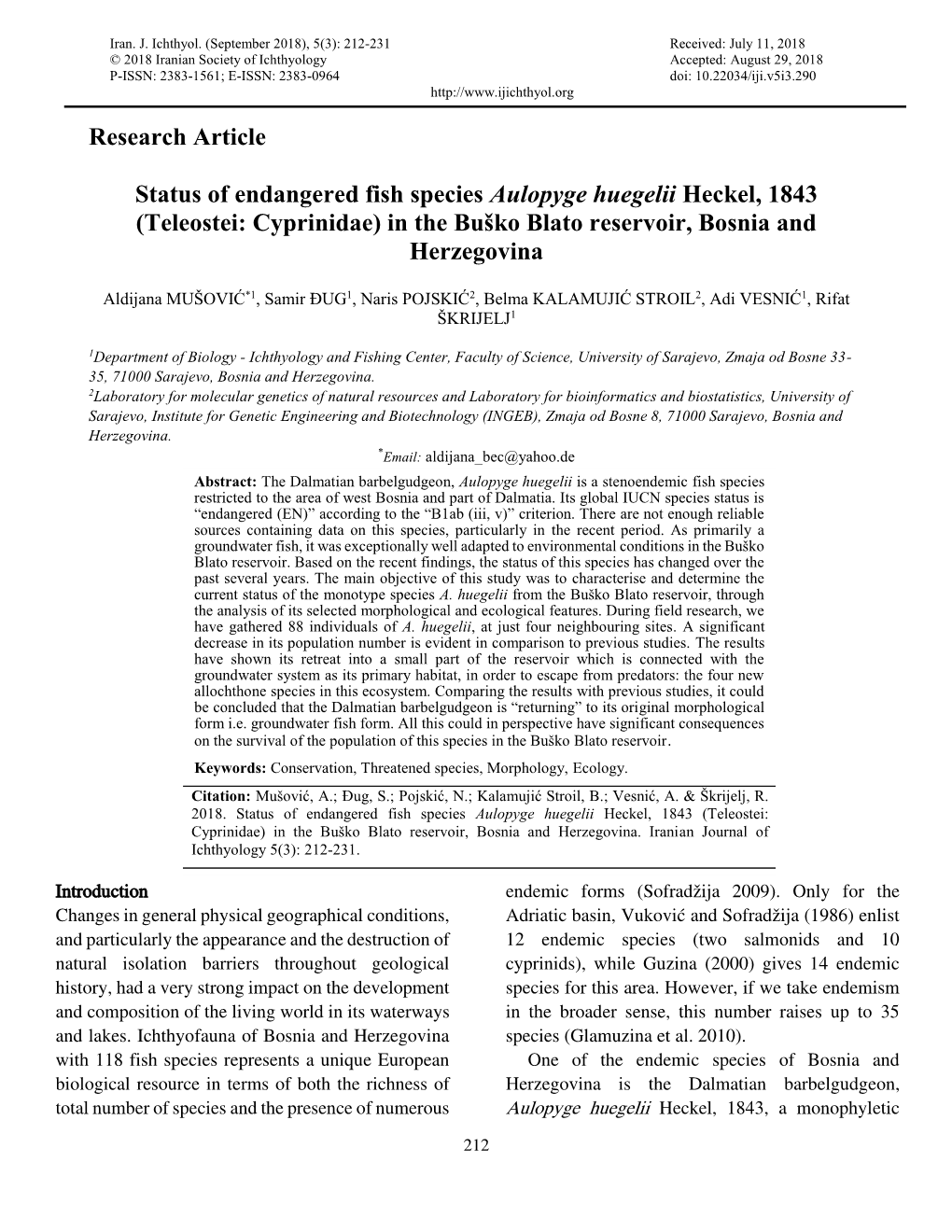 Research Article Status of Endangered Fish Species Aulopyge Huegelii Heckel, 1843 (Teleostei: Cyprinidae) in the Buško Blato Re