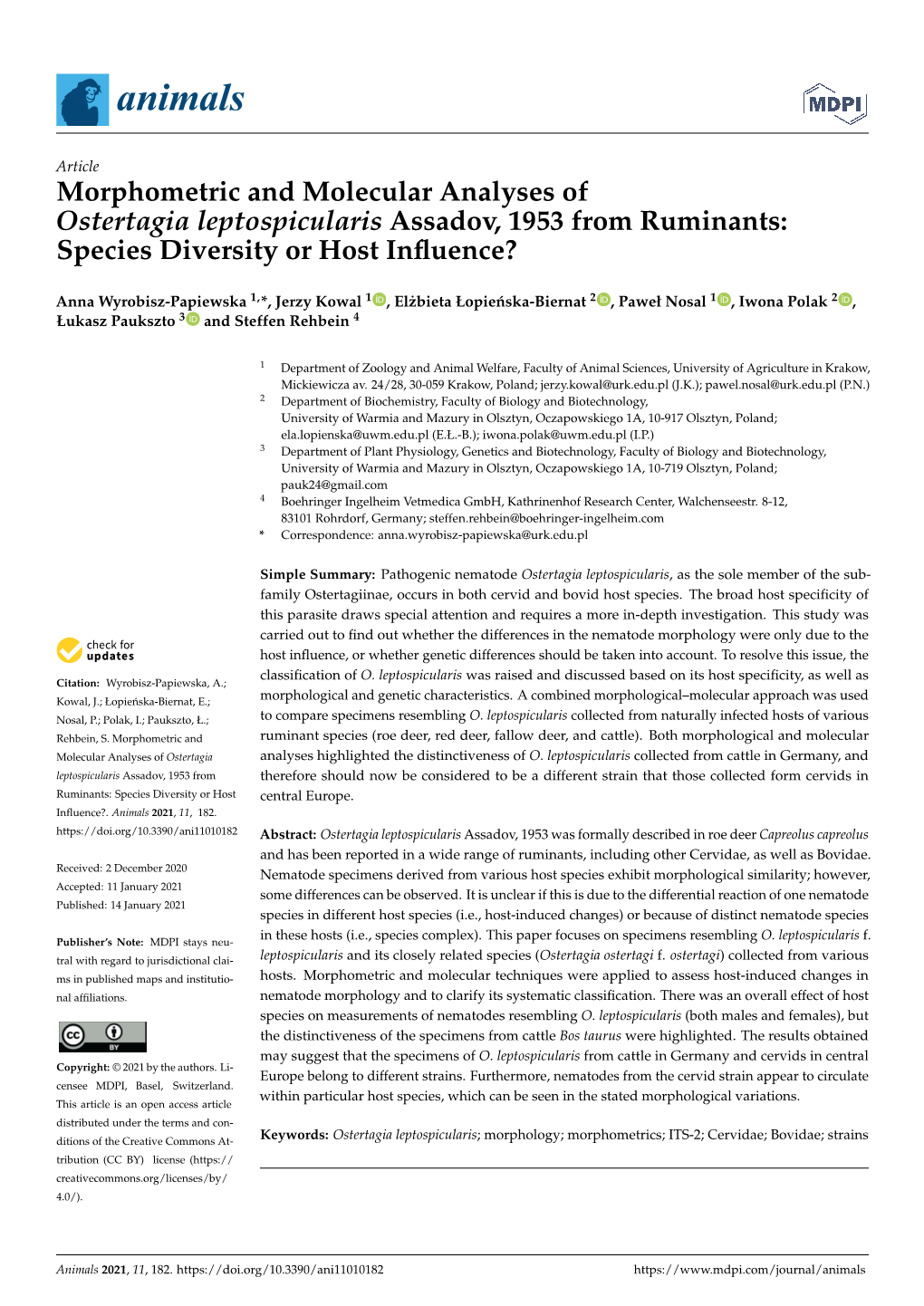 Morphometric and Molecular Analyses of Ostertagia Leptospicularis Assadov, 1953 from Ruminants: Species Diversity Or Host Inﬂuence?