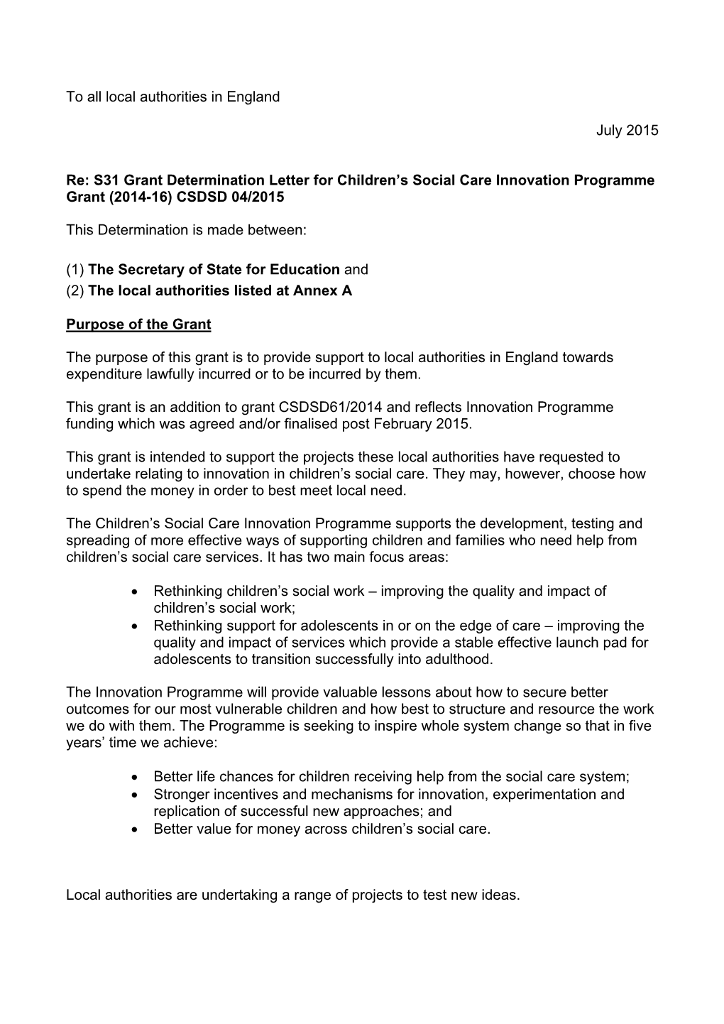 S31 Grant Determination Letter for Children's Social Care Innovation