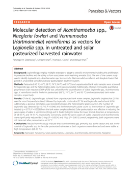 Molecular Detection of Acanthamoeba Spp., Naegleria Fowleri and Vermamoeba (Hartmannella) Vermiformis As Vectors for Legionella Spp