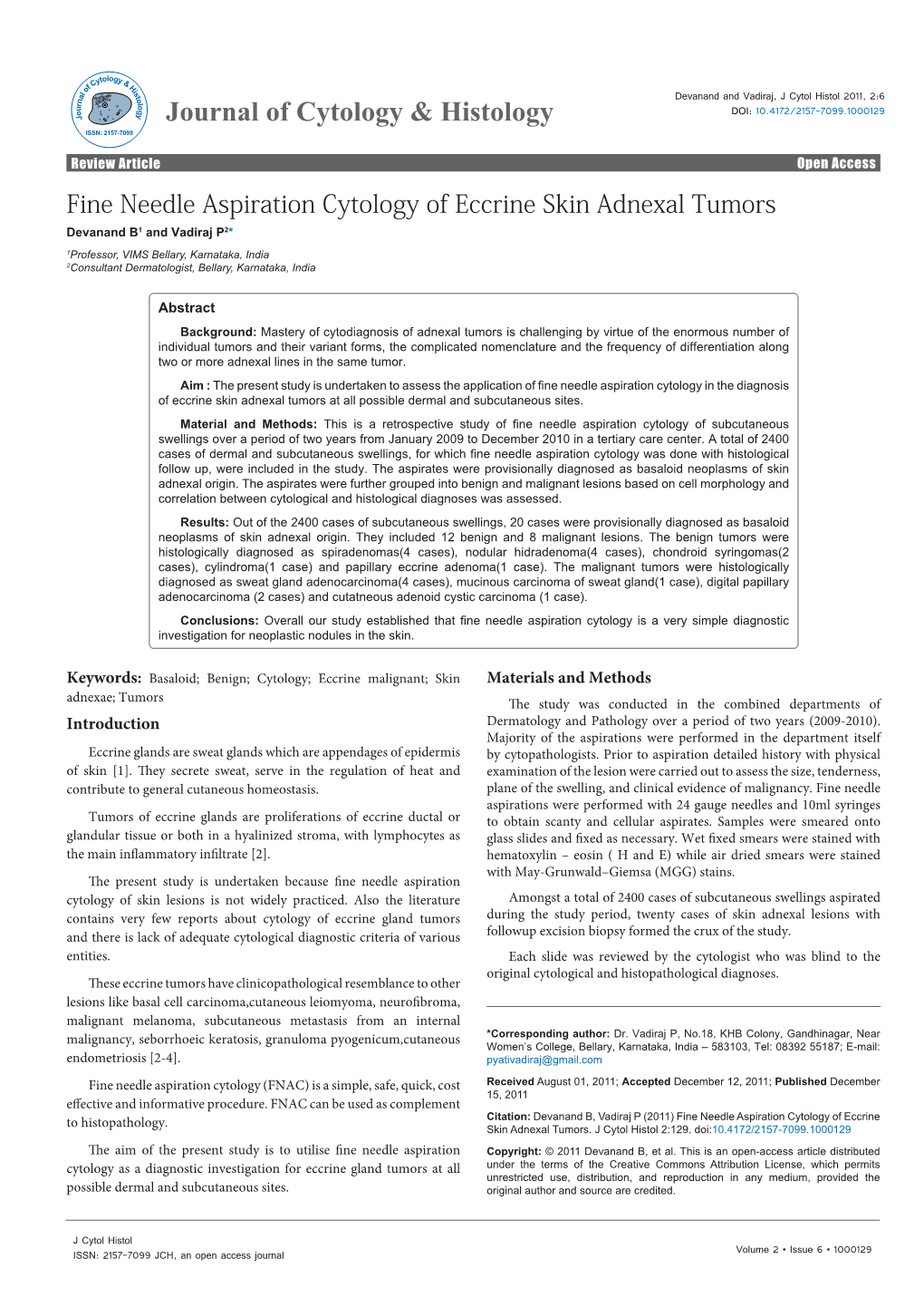 Fine Needle Aspiration Cytology of Eccrine Skin Adnexal Tumors