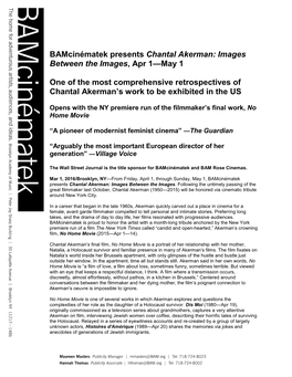 Bamcinématek Presents Chantal Akerman: Images Between the Images, Apr 1—May 1