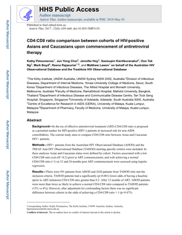 CD4:CD8 Ratio Comparison Between Cohorts of HIV-Positive Asians and Caucasians Upon Commencement of Antiretroviral Therapy