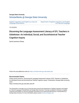 Discerning the Language Assessment Literacy of EFL Teachers in Uzbekistan: an Individual, Social, and Sociohistorical Teacher Cognition Inquiry