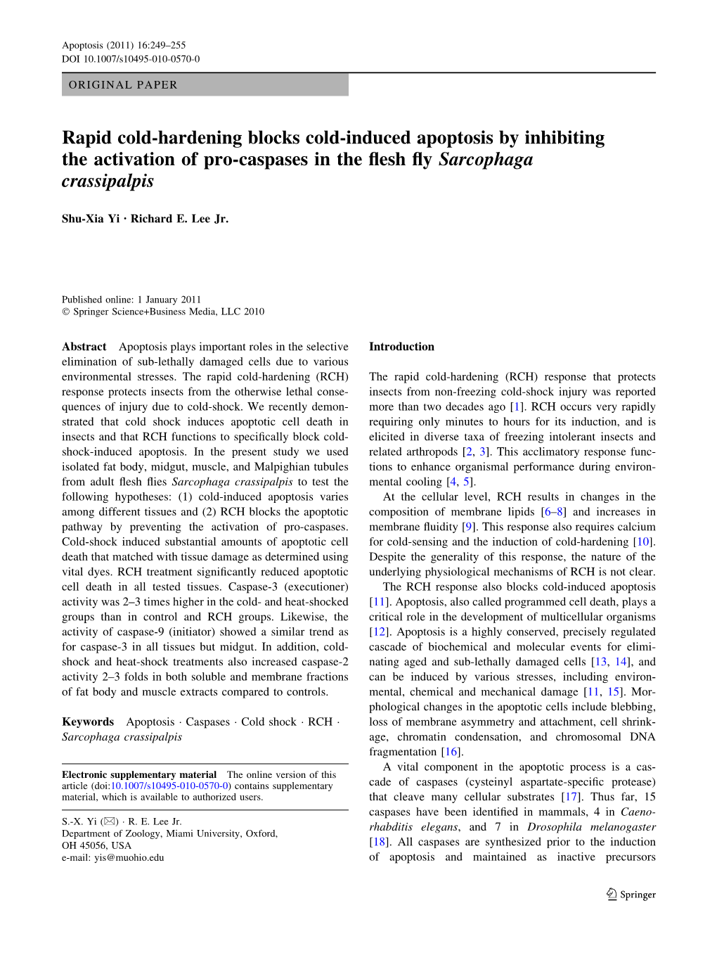 Rapid Cold-Hardening Blocks Cold-Induced Apoptosis by Inhibiting the Activation of Pro-Caspases in the Flesh Fly Sarcophaga Cras