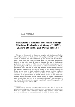Shakespeare's Histories and Polish History: Television Productions Of