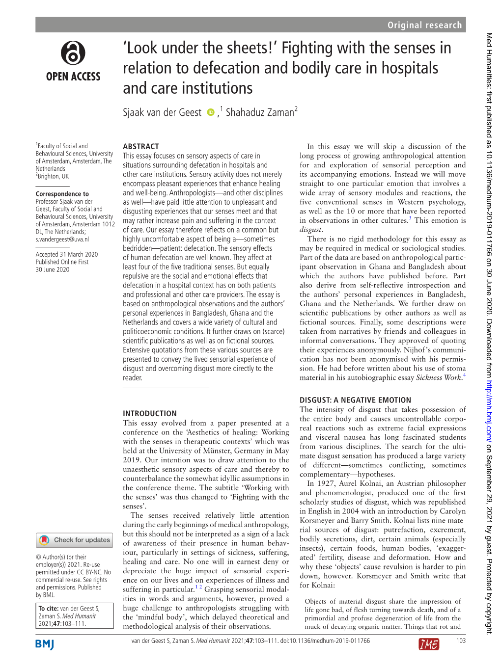 Fighting with the Senses in Relation to Defecation and Bodily Care in Hospitals and Care Institutions Sjaak Van Der Geest ‍ ‍ ,1 Shahaduz Zaman2