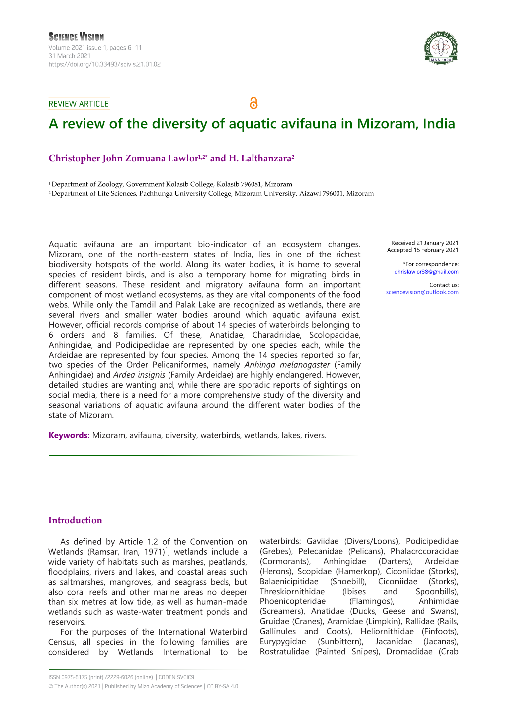 A Review of the Diversity of Aquatic Avifauna in Mizoram, India