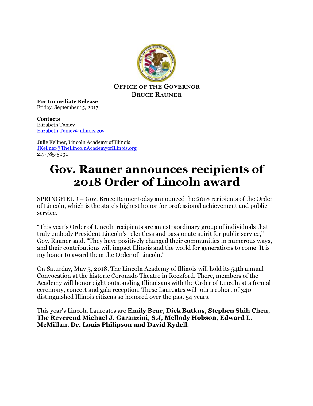 Gov. Rauner Announces Recipients of 2018 Order of Lincoln Award