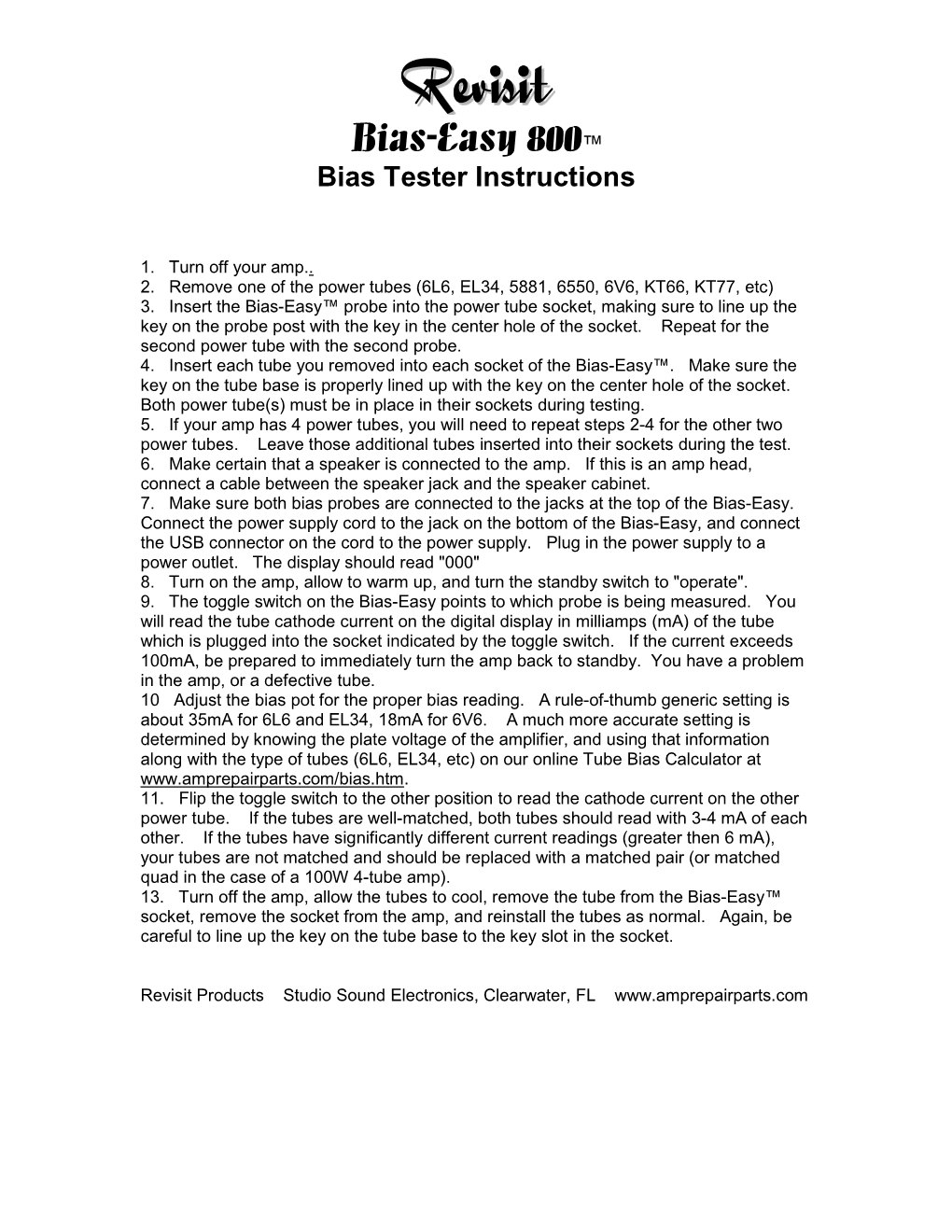 Bias-Easy 800™ Bias Tester Instructions