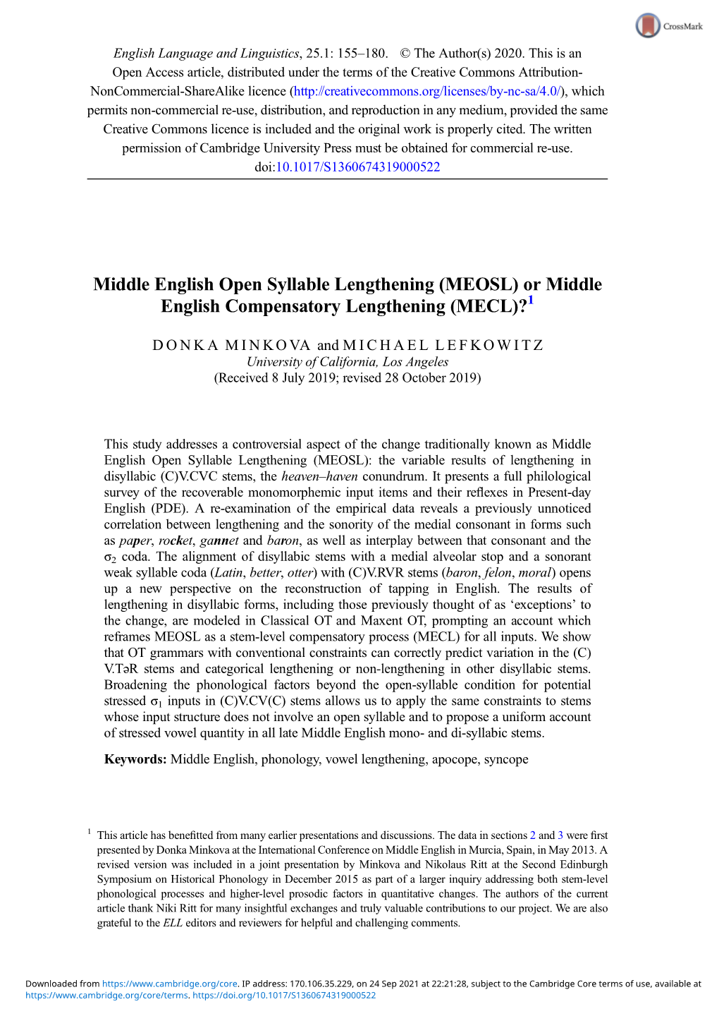 Middle English Open Syllable Lengthening (MEOSL) Or Middle English Compensatory Lengthening (MECL)?1