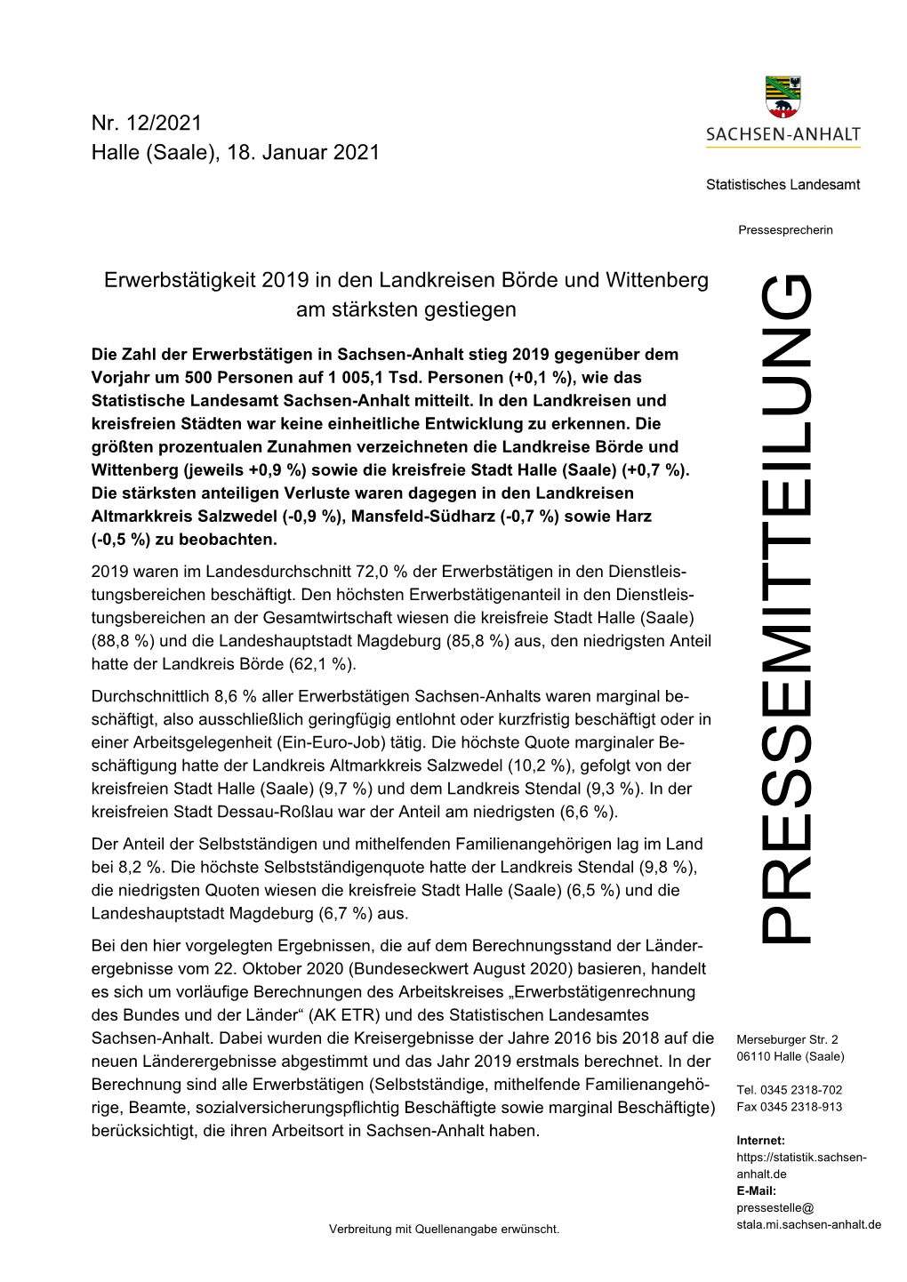 Pressemitteilung Vom 18.01.21, Erwerbstätigkeit 2019 in Den Landkreisen Börde Und Wittenberg Am Stärksten Gestiegen