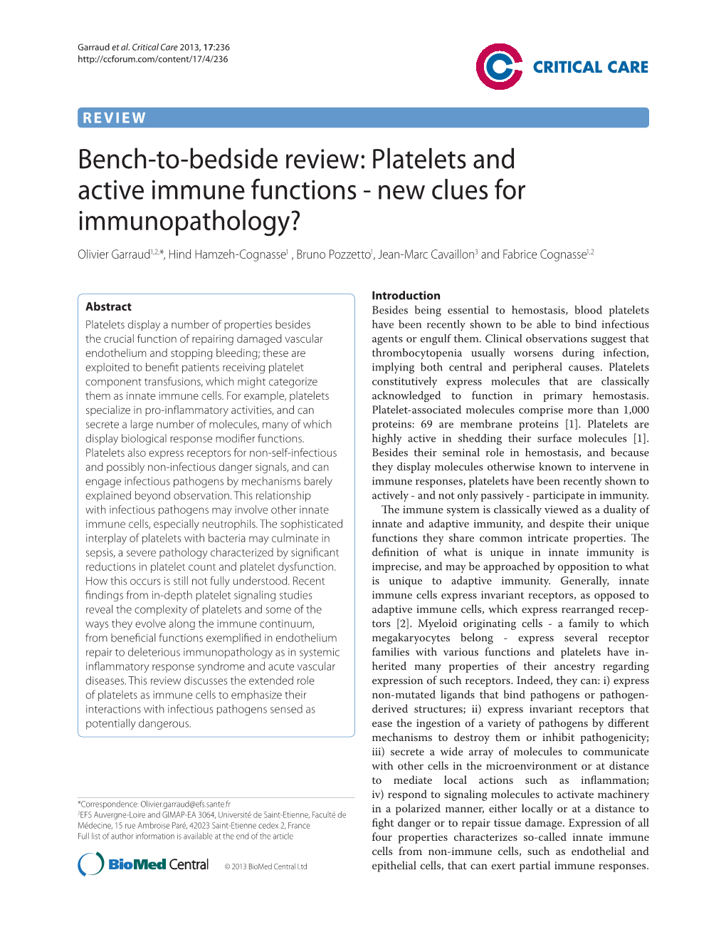 Bench-To-Bedside Review: Platelets and Active Immune Functions - New Clues for Immunopathology?