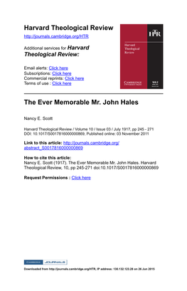 Harvard Theological Review the Ever Memorable Mr. John Hales
