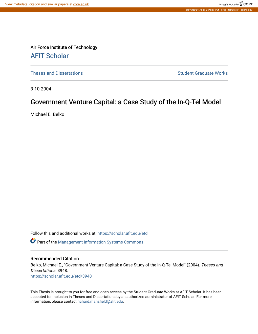 Government Venture Capital: a Case Study of the In-Q-Tel Model