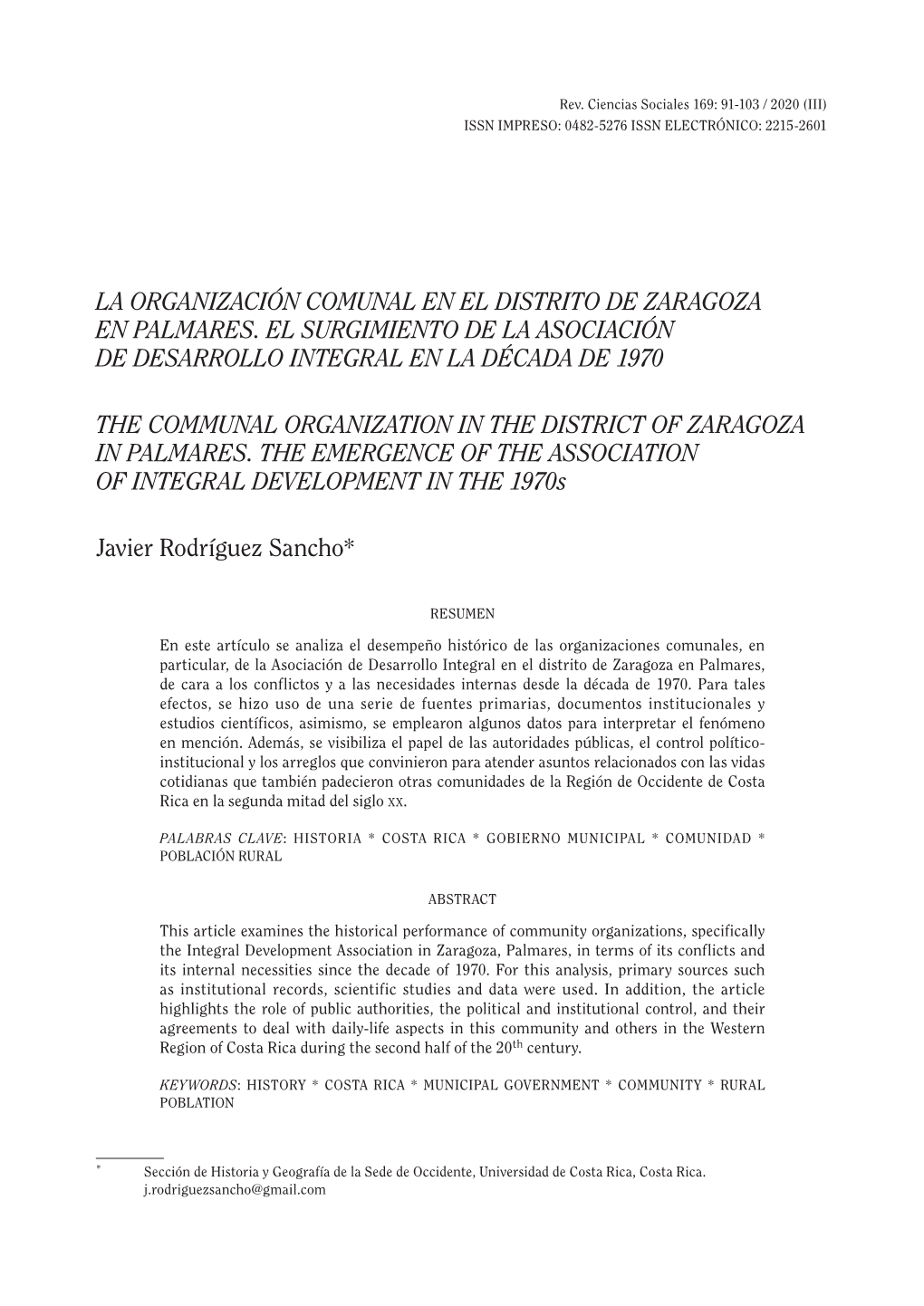 La Organización Comunal En El Distrito De Zaragoza En Palmares. El Surgimiento De La Asociación De Desarrollo Integral En La Década De 1970