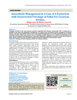 Anaesthetic Management in a Case of a Parturient with Uncorrected Tetralogy of Fallot for Cesarean Section