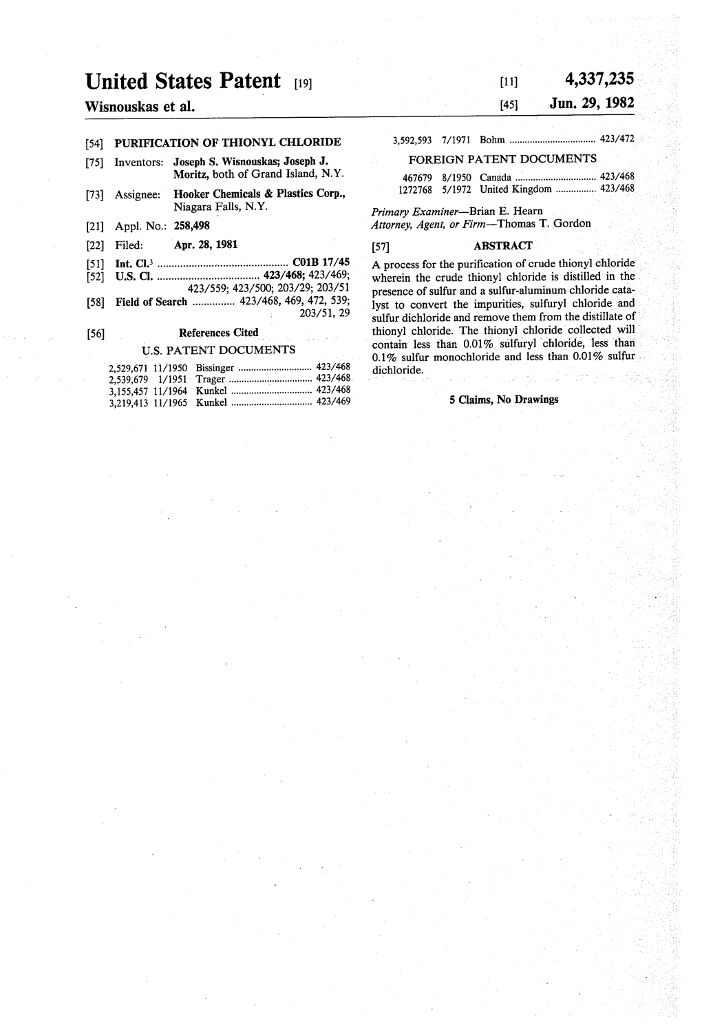 United States Patent (19) 11) 4,337,235 Wisnouskas Et Al