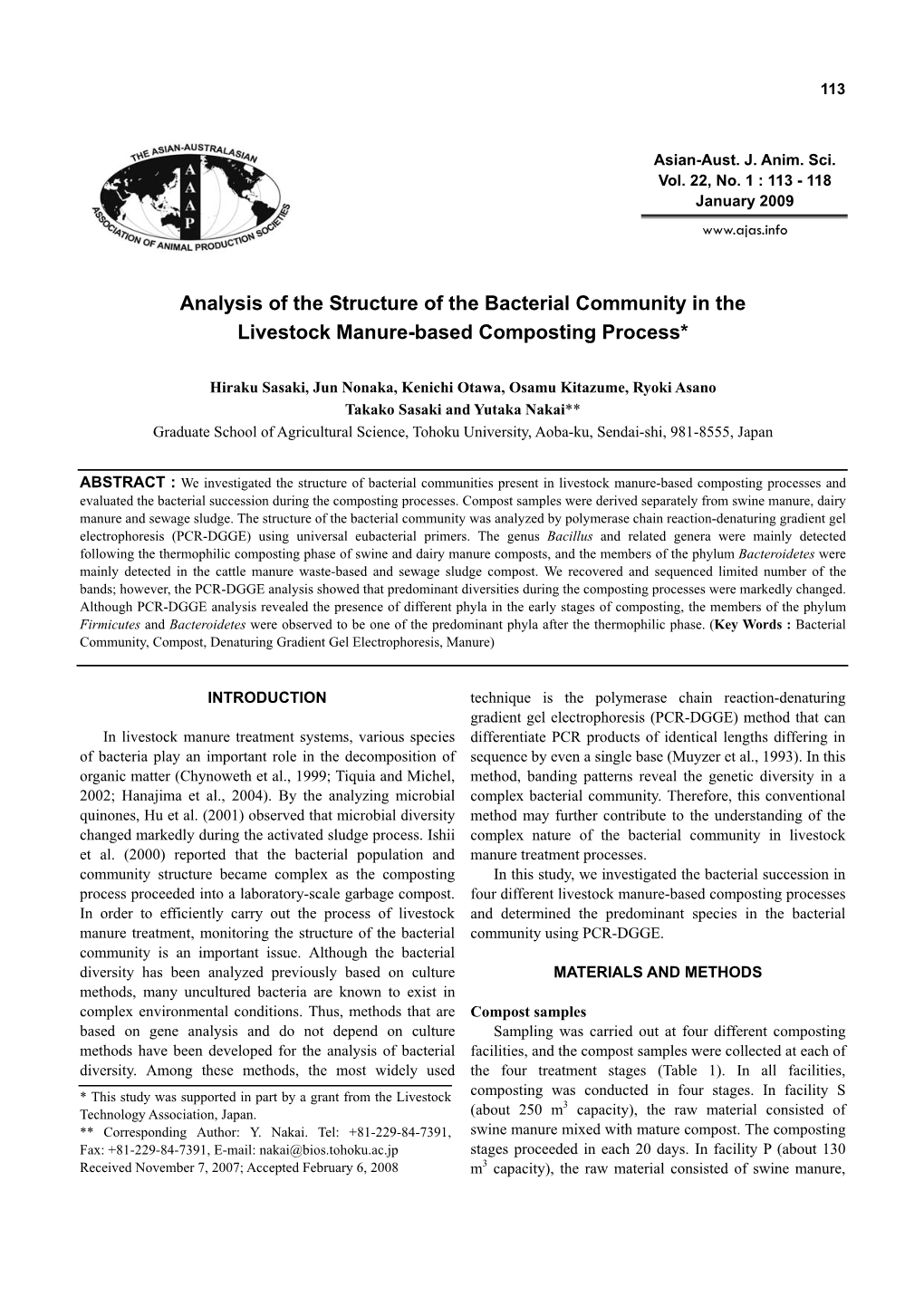 Analysis of the Structure of the Bacterial Community in the Livestock Manure-Based Composting Process*