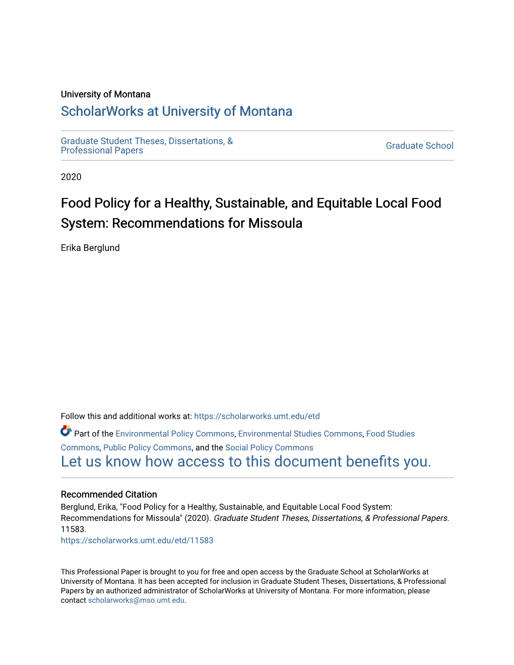 Food Policy for a Healthy, Sustainable, and Equitable Local Food System: Recommendations for Missoula