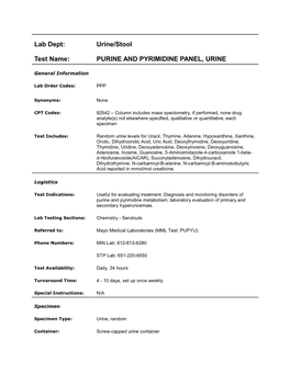 Urine/Stool Test Name: PURINE and PYRIMIDINE PANEL, URINE