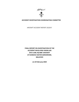 Final Report on Investigation of the Accident Involving Viking Air Dhc-6-300, 8Q-Mbc Aircraft at Kuredhu Water Aerodrome, Maldives
