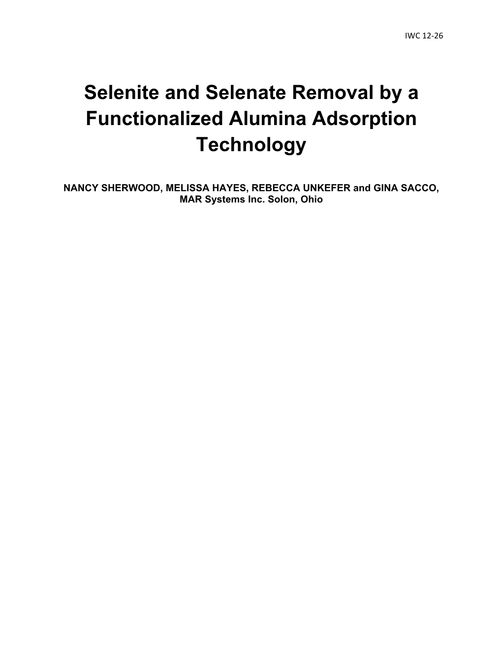 Selenite and Selenate Removal by a Functionalized Alumina Adsorption Technology