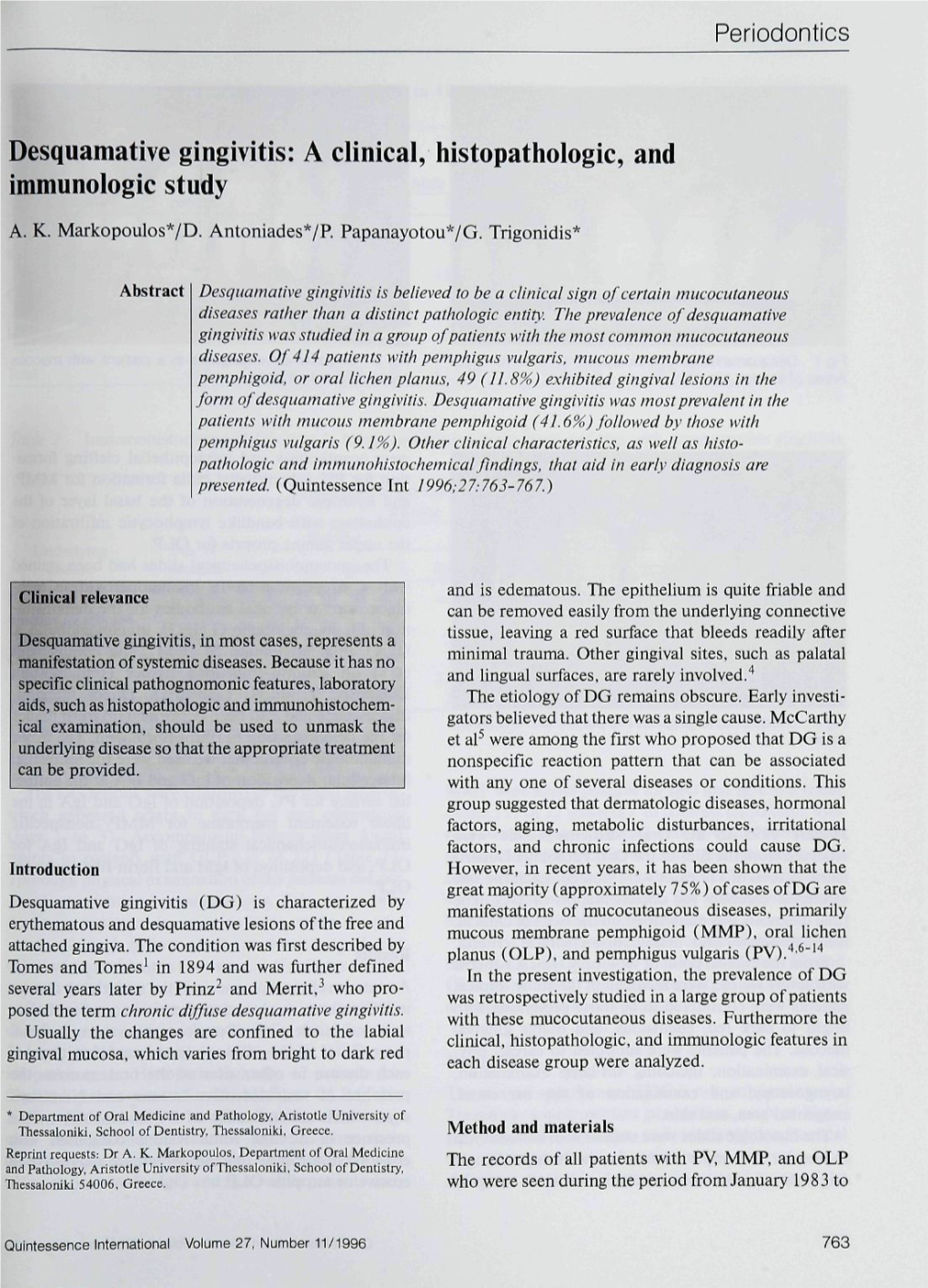Desquamative Gingivitis: a Clinical, Histopathoiogic, and Immunologie Study