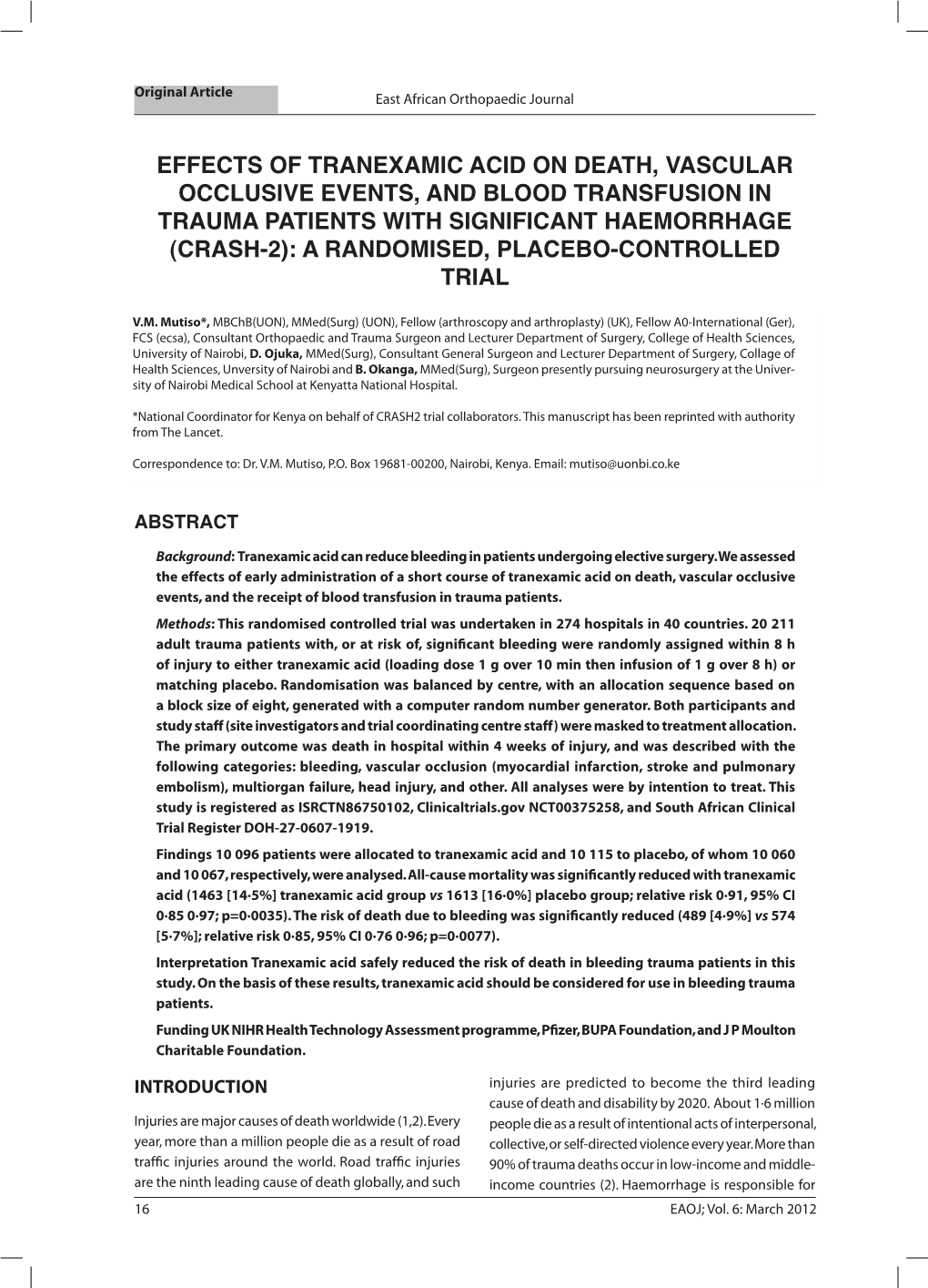 Effects of Tranexamic Acid on Death, Vascular Occlusive Events, and Blood Transfusion in Trauma Patients with Significant Haemor