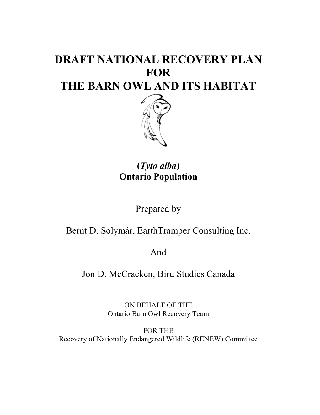 Draft National Recovery Plan for the Barn Owl and Its Habitat