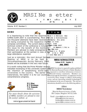 MRSI Newsletter a Quarterly Publication of the Materials Research Society of India for Circulation Amongst Its Members