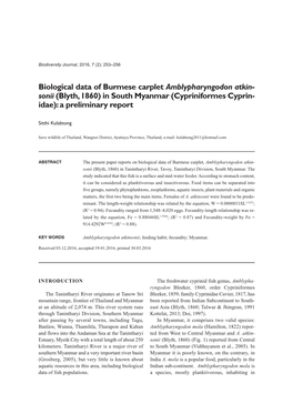 Biological Data of Burmese Carplet Amblypharyngodon Atkin - Sonii (Blyth, 1860) in South Myanmar (Cypriniformes Cyprin- Idae): a Preliminary Report
