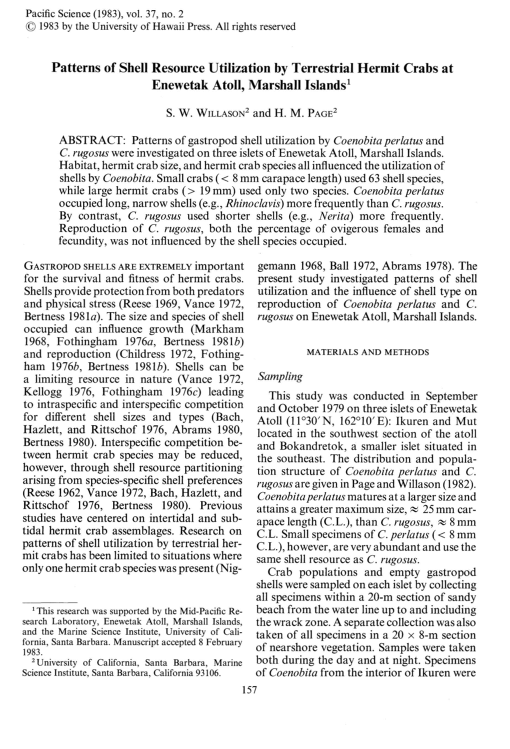 Patterns of Shell Resource Utilization by Terrestrial Hermit Crabs at Enewetak Atoll, Marshall Islands!