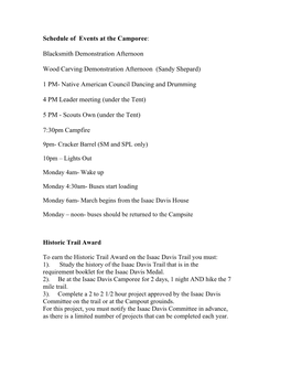 Schedule of Events at the Camporee