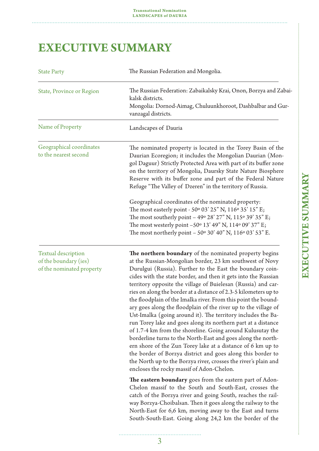 EXECUTIVE SUMMARY Transnational Nomination LANDSCAPES of DAURIA