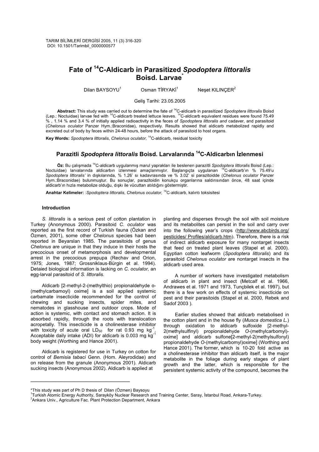 Fate of 14C-Aldicarb in Parasitized Spodoptera Littoralis Boisd