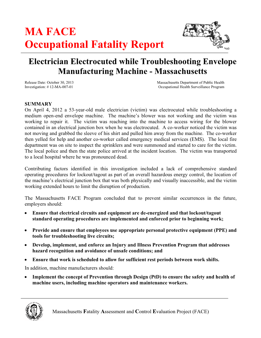 MA FACE Occupational Fatality Report