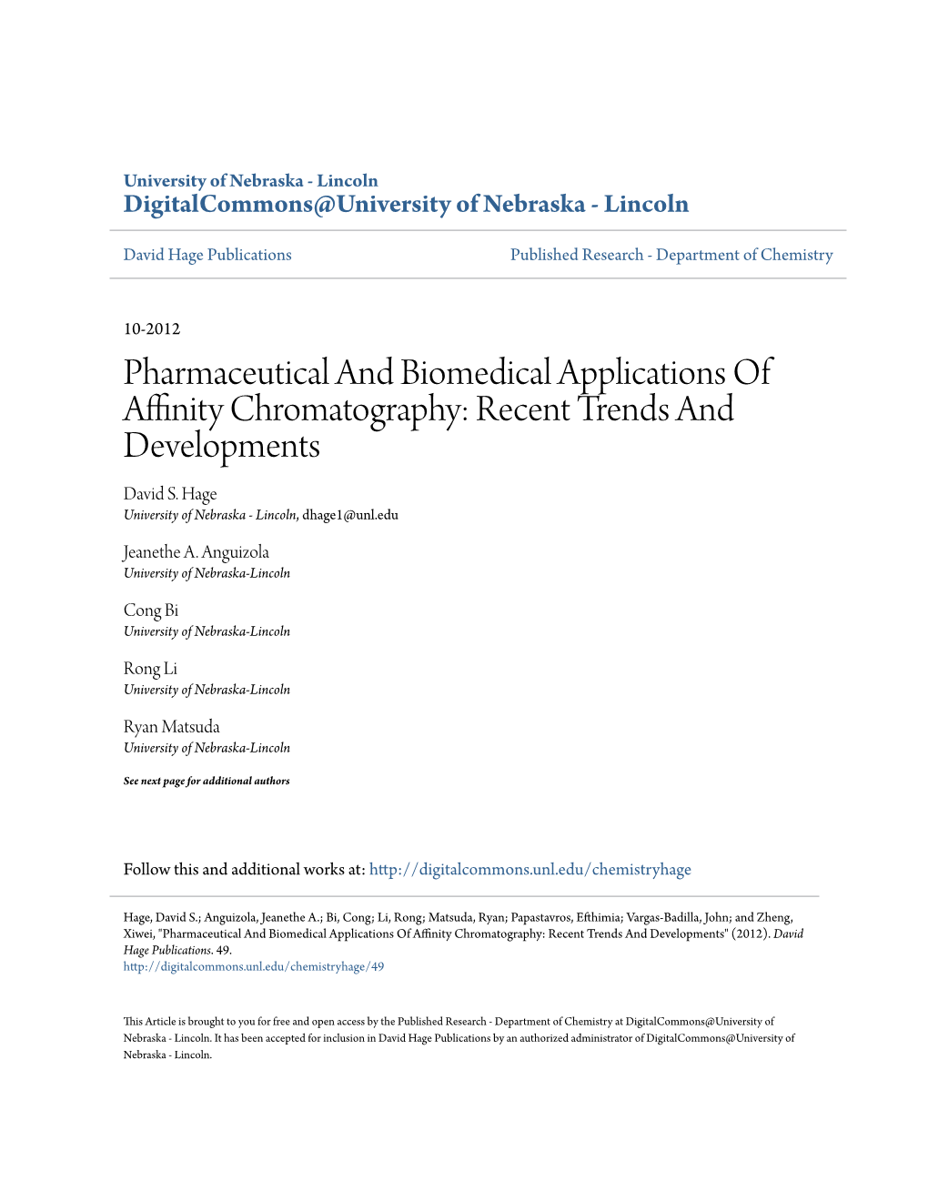 Pharmaceutical and Biomedical Applications of Affinity Chromatography: Recent Trends and Developments David S