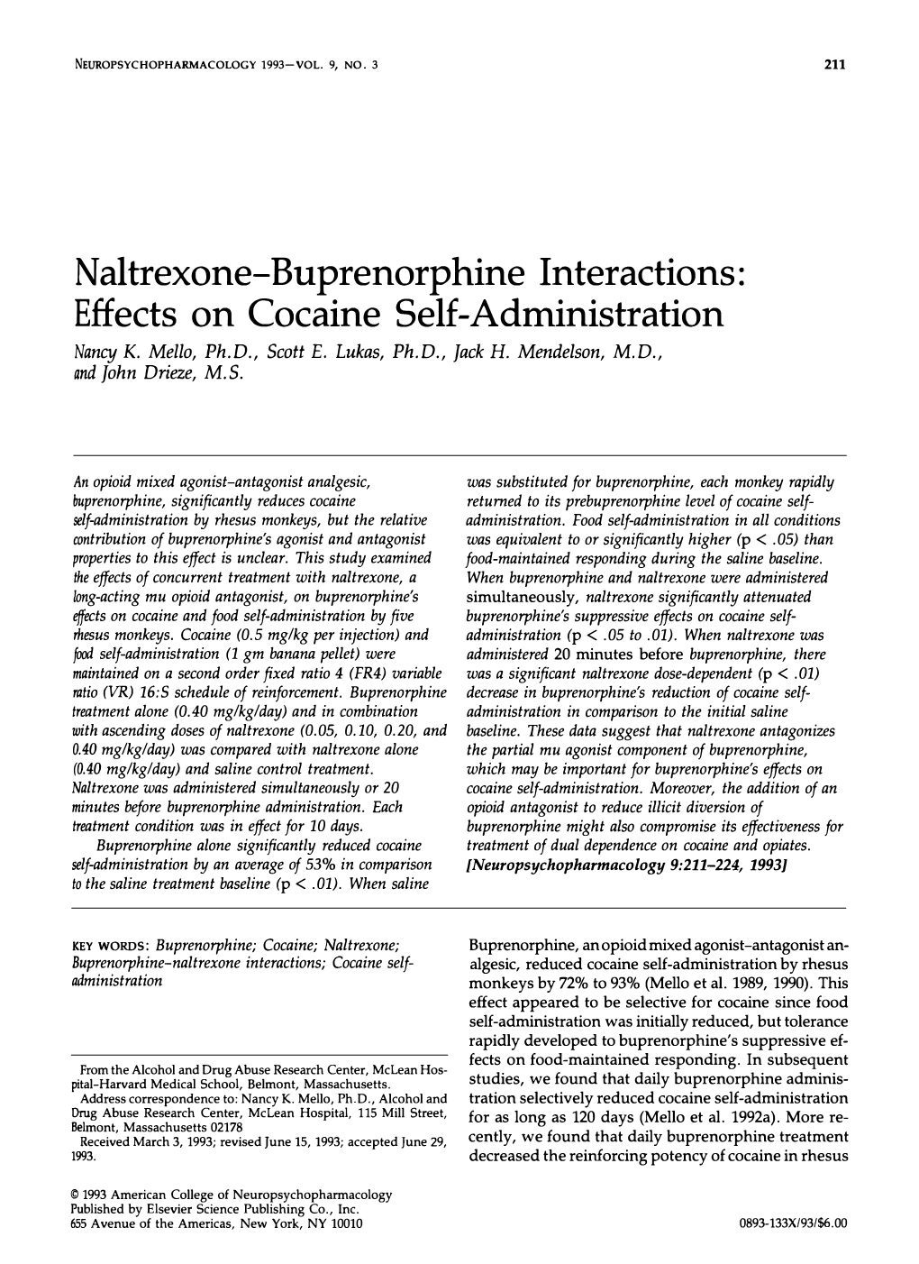 Naltrexone-Buprenorphine Interactions: Effects on Cocaine Self-Administration Nancy K