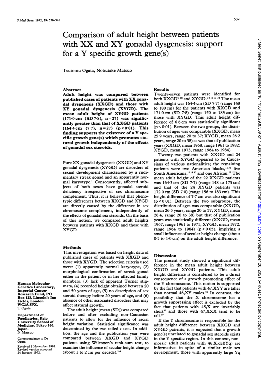 Comparison of Adult Height Between Patients J Med Genet: First Published As 10.1136/Jmg.29.8.539 on 1 August 1992