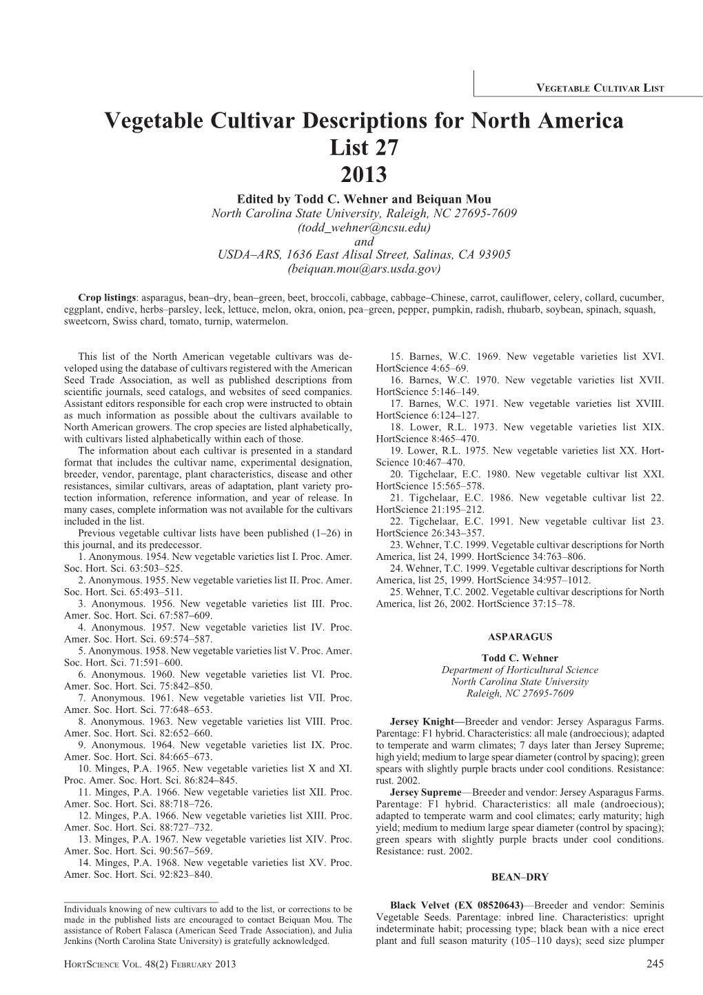 Vegetable Cultivar Descriptions for North America List 27 2013 Edited by Todd C